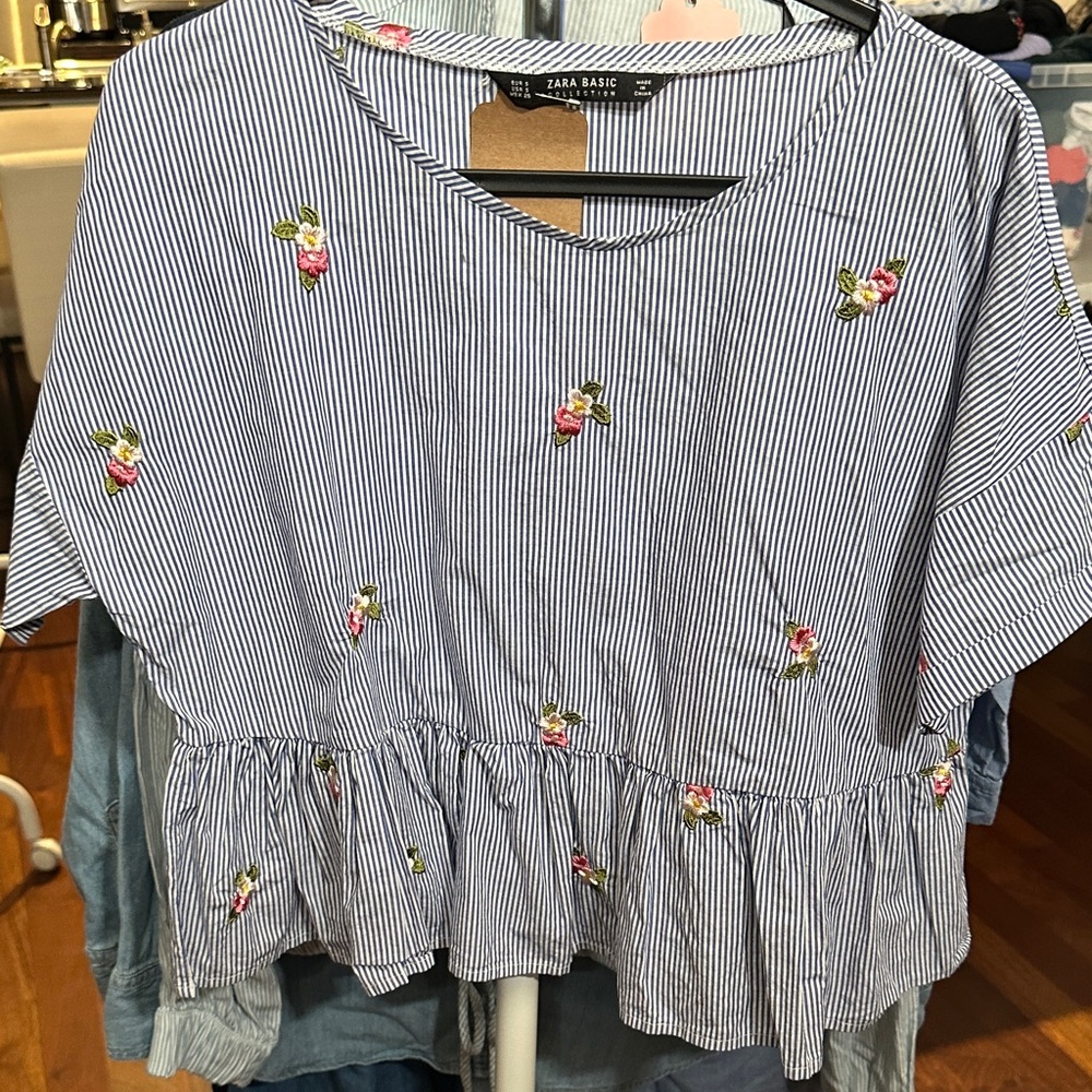 Zara Navy Striped Peplum Blouse with Floral Detail